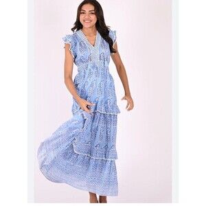 New 330$ Sal Rosa Flera Blue Tiered Ruffles Tassels Maxi Dress Cotton & Silk XS